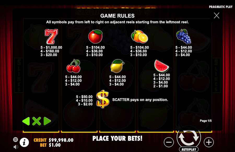Striking Hot 5 Slot Paytable